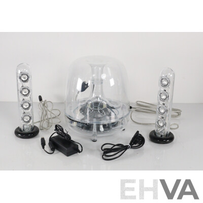 Very Futureistic Harman Kardon Soundsticks III Self Powered Satellite Speakers and Subwoofer System, in Original Box