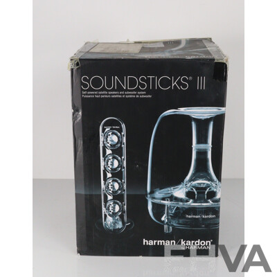 Very Futureistic Harman Kardon Soundsticks III Self Powered Satellite Speakers and Subwoofer System, in Original Box