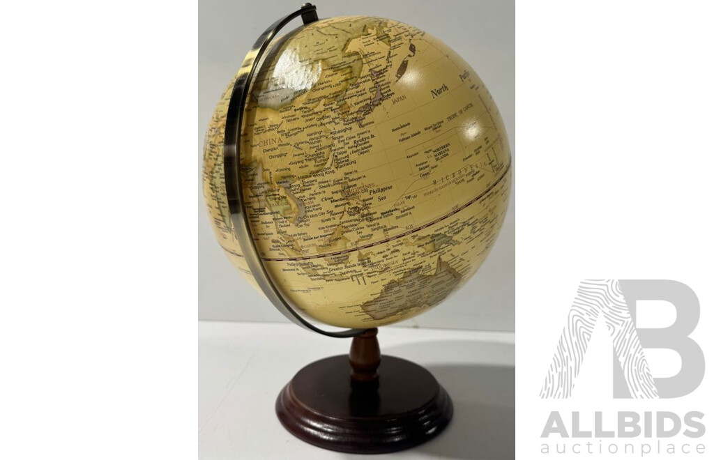 World Globe with Topographic Mountains on Wooden Base