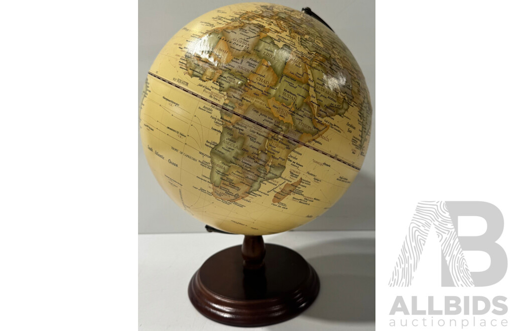 World Globe with Topographic Mountains on Wooden Base