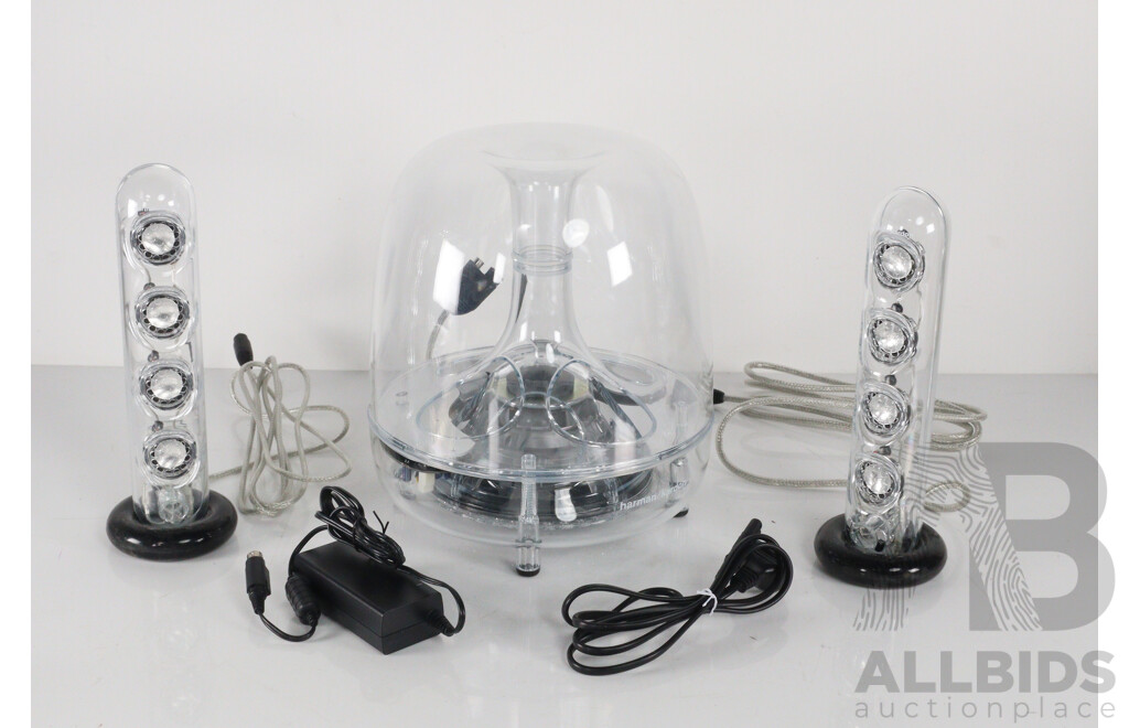 Very Futureistic Harman Kardon Soundsticks III Self Powered Satellite Speakers and Subwoofer System, in Original Box