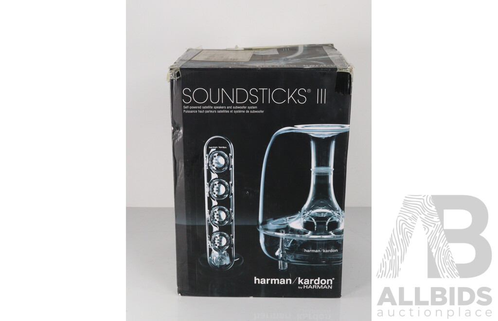 Very Futureistic Harman Kardon Soundsticks III Self Powered Satellite Speakers and Subwoofer System, in Original Box
