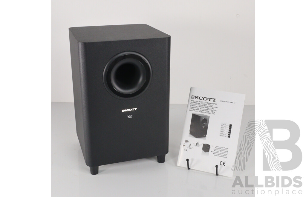 Scott RF 2.4GHz Wireless Subwoofer, Model SBX 10, in Original Box with Instruction Booklet