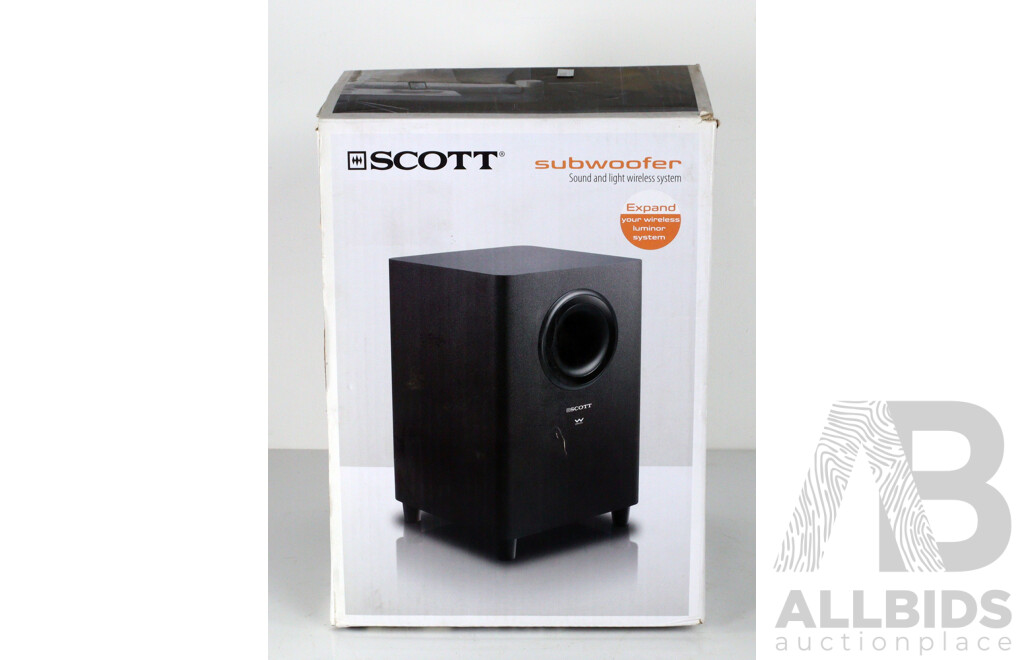 Scott RF 2.4GHz Wireless Subwoofer, Model SBX 10, in Original Box with Instruction Booklet