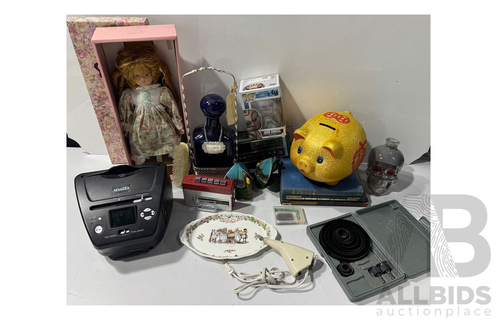 Collection Items Including Porcelain Doll in Box, Igon Siruss Pophead and More