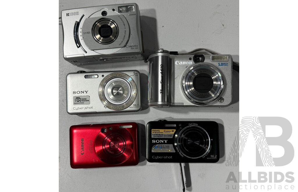 Collection Five Digital Cameras Comprising Two Sony Cyber Shot, Canon Power Shot A610, Canon IXUS 100IS and Ricoh Caplio RR330