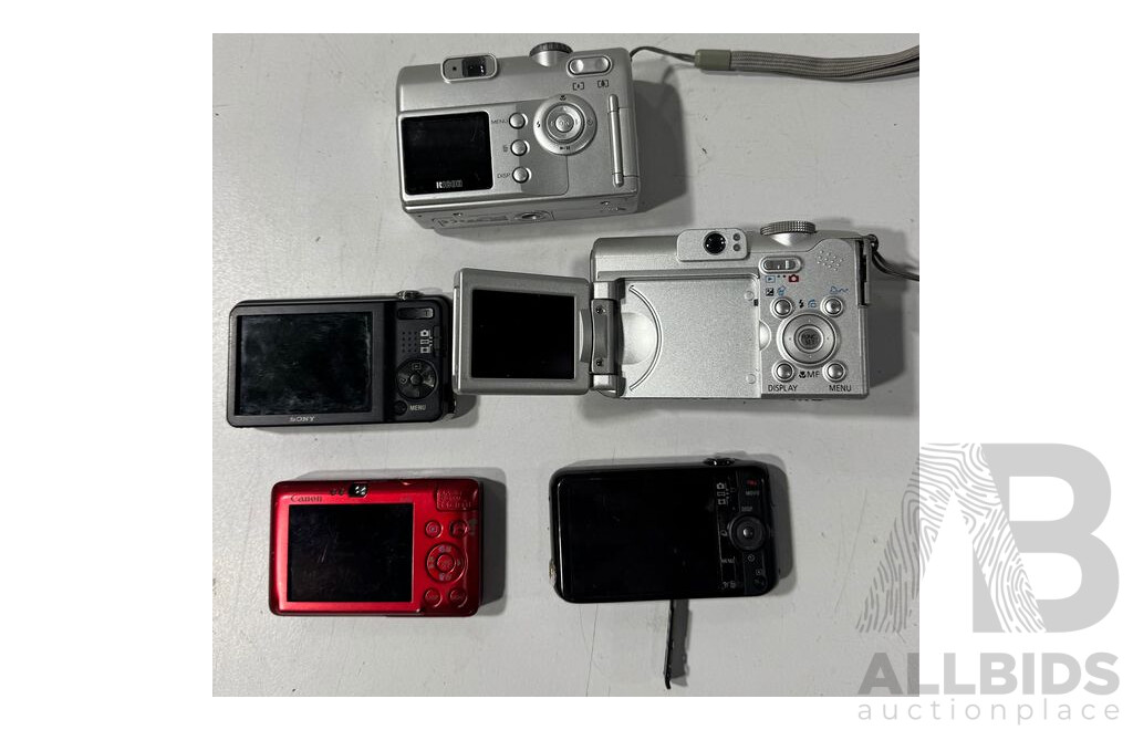 Collection Five Digital Cameras Comprising Two Sony Cyber Shot, Canon Power Shot A610, Canon IXUS 100IS and Ricoh Caplio RR330