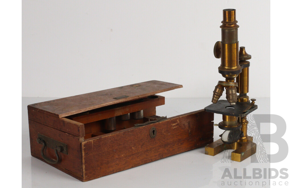 Vintage Brass Scientific Microscope in Case