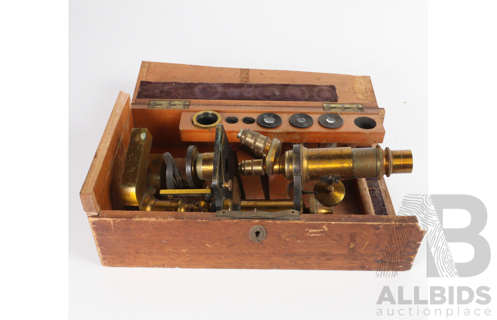 Vintage Brass Scientific Microscope in Case