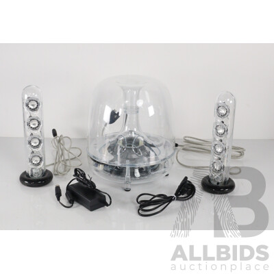 Very Futureistic Harman Kardon Soundsticks III Self Powered Satellite Speakers and Subwoofer System, in Original Box