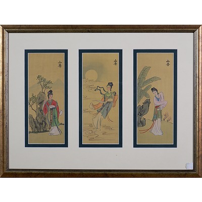 A Framed Triptych, Chinese Ink Painting on Silk