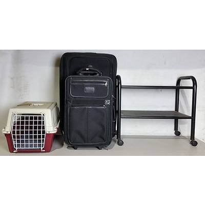 Ferplast Cat Carrier, Black Metal Two Tier Shelf on Wheels and Two Suitcases