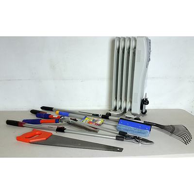Bulk Lot Of Assorted Gardening Tools And Oil Heater