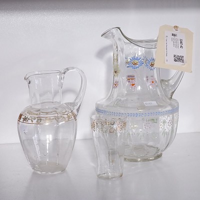 Victorian Hand Decorated Glass Lemonade Jug with Floral Motif, Water Jug and Matching Tumbler with Gilt Decoration