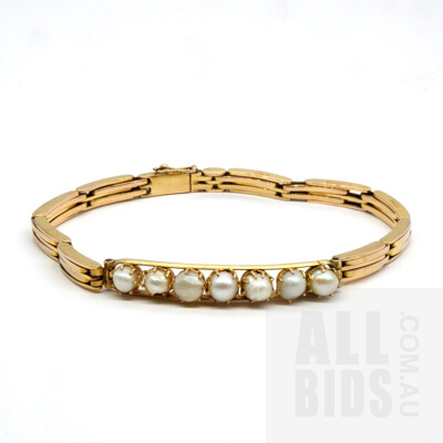 Antique 9ct Yellow Gold Gate Link Bracelet with Springs with Baroque Pearls, 10.7g