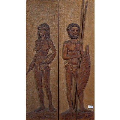 Otto Kuster (20th Century, Australian), A Pair of Carved Timber Reliefs Depicting an Aboriginal Man & Woman