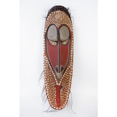 Vintage Papua New Guinea Sepik River Wooden Mask with Cowrie Inlay