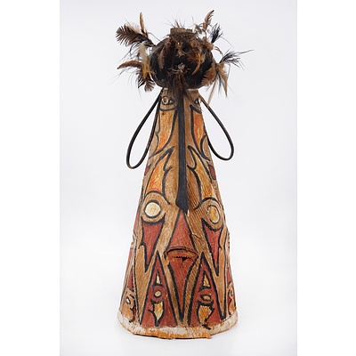 Vintage Papua New Guinea Barkcloth and Feathered Dance Mask Headdress, New Britain Province
