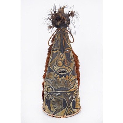 Vintage Papua New Guinea Barkcloth and Feathered Dance Mask Headdress, New Britain Province
