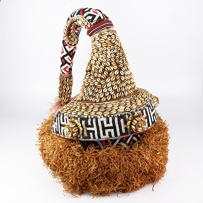 Large African Ceremonial Mask Adorned with Shells, Feathers and Beads, Democratic Republic of the Congo