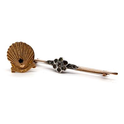 9ct Yellow Gold Bar Brooch with Silver Cluster with Parve Set Paste and Rolled Gold Button