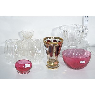 Kosta Boda Crystal Vase, Ventilation Gilt and Ruby Flashed Beaker, Ruby Glass Bowls and More