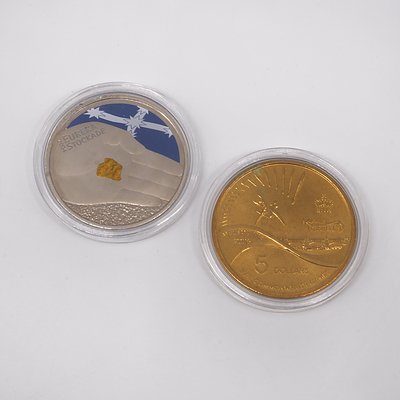 2006 Melbourne Commonwealth Games $5 Coin and 2004 Eureka Stockade Coloured Coin