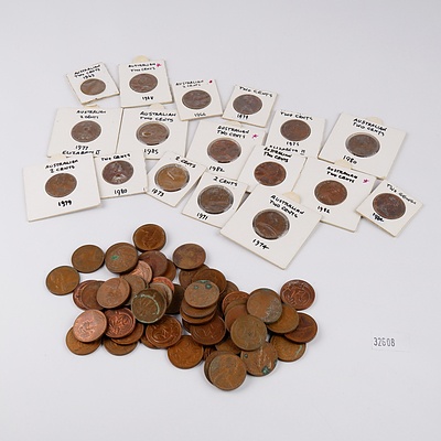 Collection of Australian 1960's to 1980s Two Cent Coins, Including 1985, 1982, 1966