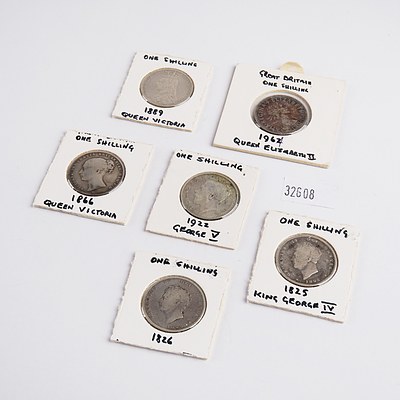 Six British Shillings, 1825, 1826, 1889, 1866, 1922 and 1964