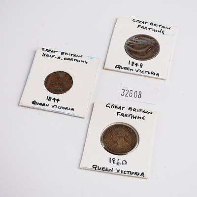 Three Victorian Farthings, 1844, 1860 and 1848
