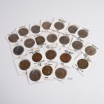 22 George VI British Pennies, Various Dates 1937-1949