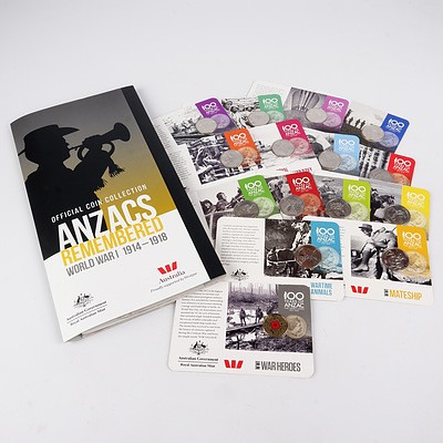 Official Coin Collection ANZACS Remembered, World War I 1914-1918, with Fifteen Carded Coins and Rare War Heroes Red Poppy $1 Coin