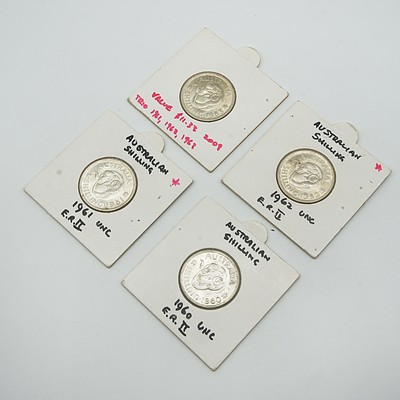 Four Carded Australian Elizabeth II Shillings, 1960, 1961, 1962, 1963