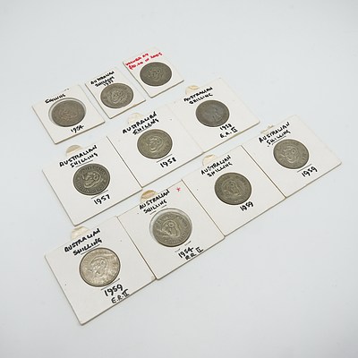Ten Australian Shillings in Cards, Including Melbourne Mintmark, 1954-1959 (10)