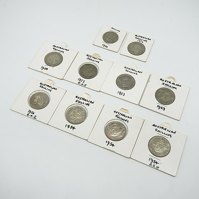 Ten Australian Shillings in Cards, Including Melbourne Mintmark, 1952-1954 (10)