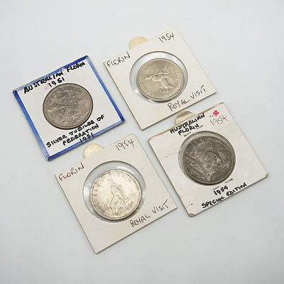 Three 1954 Royal Visit Florins and a 1951 Silver Jubilee Florin
