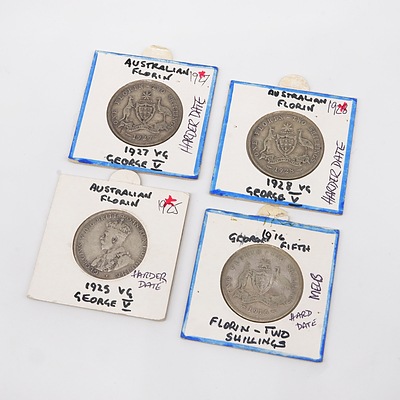 Four George V Florins, 1916, 1925, 1927 and 1928
