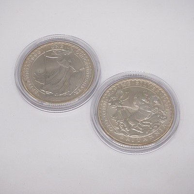 Two Britannia One Ounce Fine Silver Two Pound Coins, 1998 and 1999