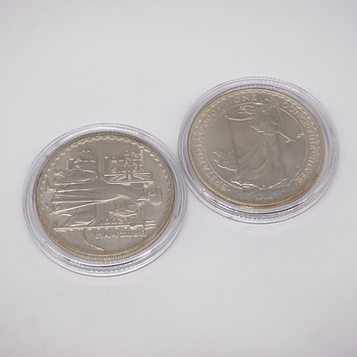 Two Britannia One Ounce Fine Silver Two Pound Coins, 2000 and 2001