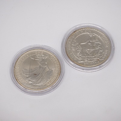 Two Britannia One Ounce Fine Silver Two Pound Coins, 2004 and 2005