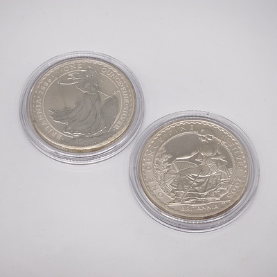Two Britannia One Ounce Fine Silver Two Pound Coins, 2005 and 2006