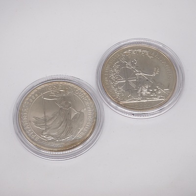 Two Britannia One Ounce Fine Silver Two Pound Coins, 2006 and 2007