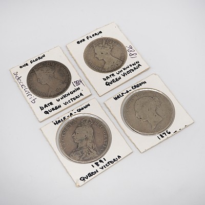Four Victorian Coins in Cards, Florins and Half Crowns,