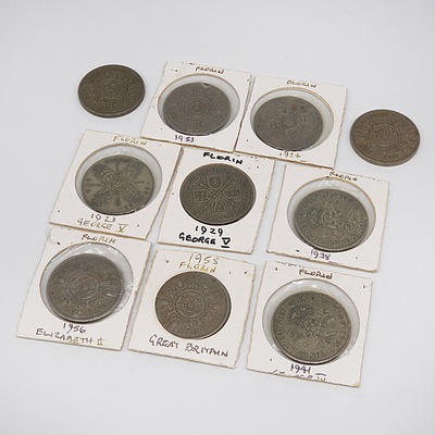 Ten British Florins and Two Shillings Coins, Including 1923, 1924, 1929, 1938, and More