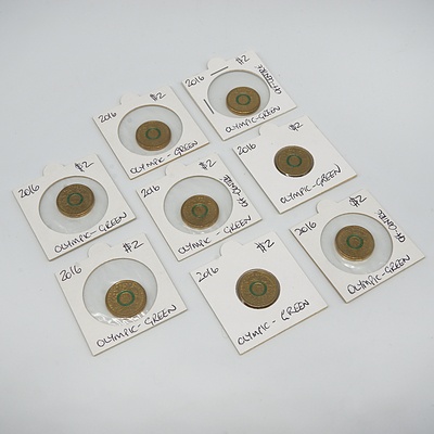 Eight 2016 Olympic Team $2 Coins in Cards, Green, Some with Off Centre Enamel