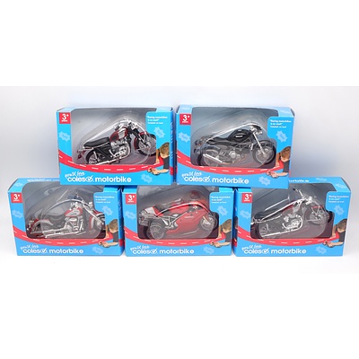 Five Maisto/Coles 1:18 Scale Die-Cast Model Motorcycle's