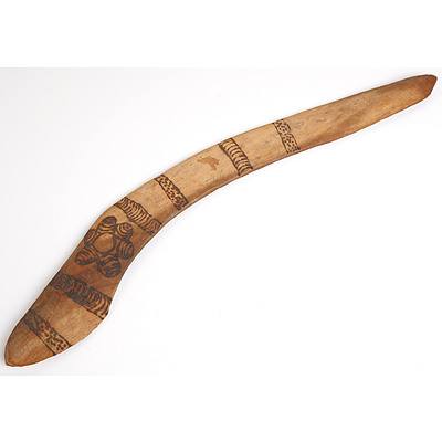 Vintage Indigenous Hardwood Boomerang with Pokerwork Decoration