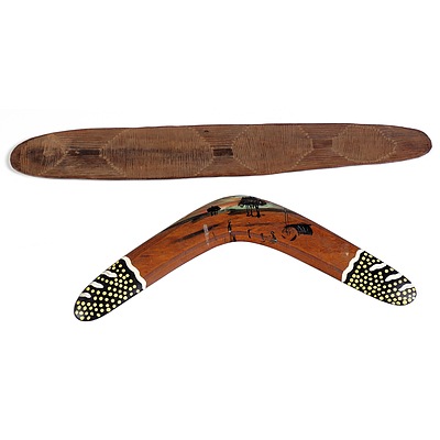 Early Indigenous Carved hardwood Shield and a Later Decorated Boomerang (2)