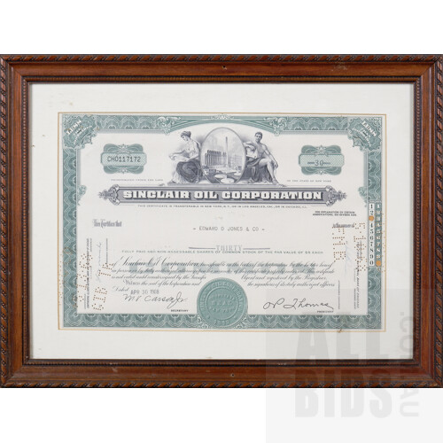 3 Framed Cigar Labels and a Framed Sinclair Oil Corporation Share Certificate, largest 30 x 40 cm (4)