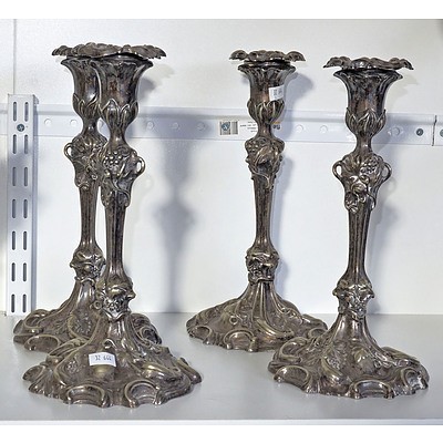 Four Art Nouveau Style Silver Plate Candle Sticks